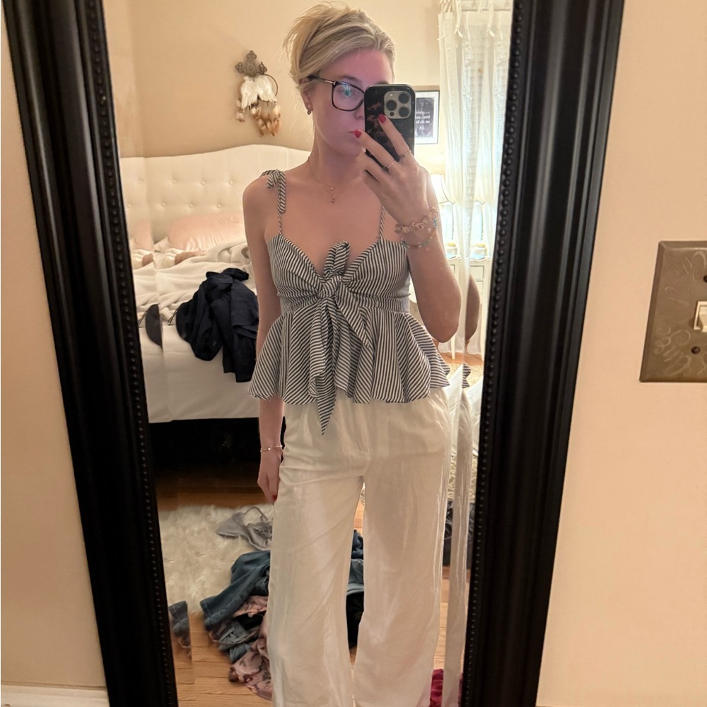 Blue and White Sleeveless Tie Front Blouse